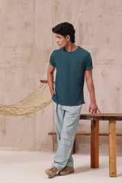 Enchanting Green Stripes | Knits T-Shirt with Poplin Pyjamas 100% Cotton - Snoozeoff