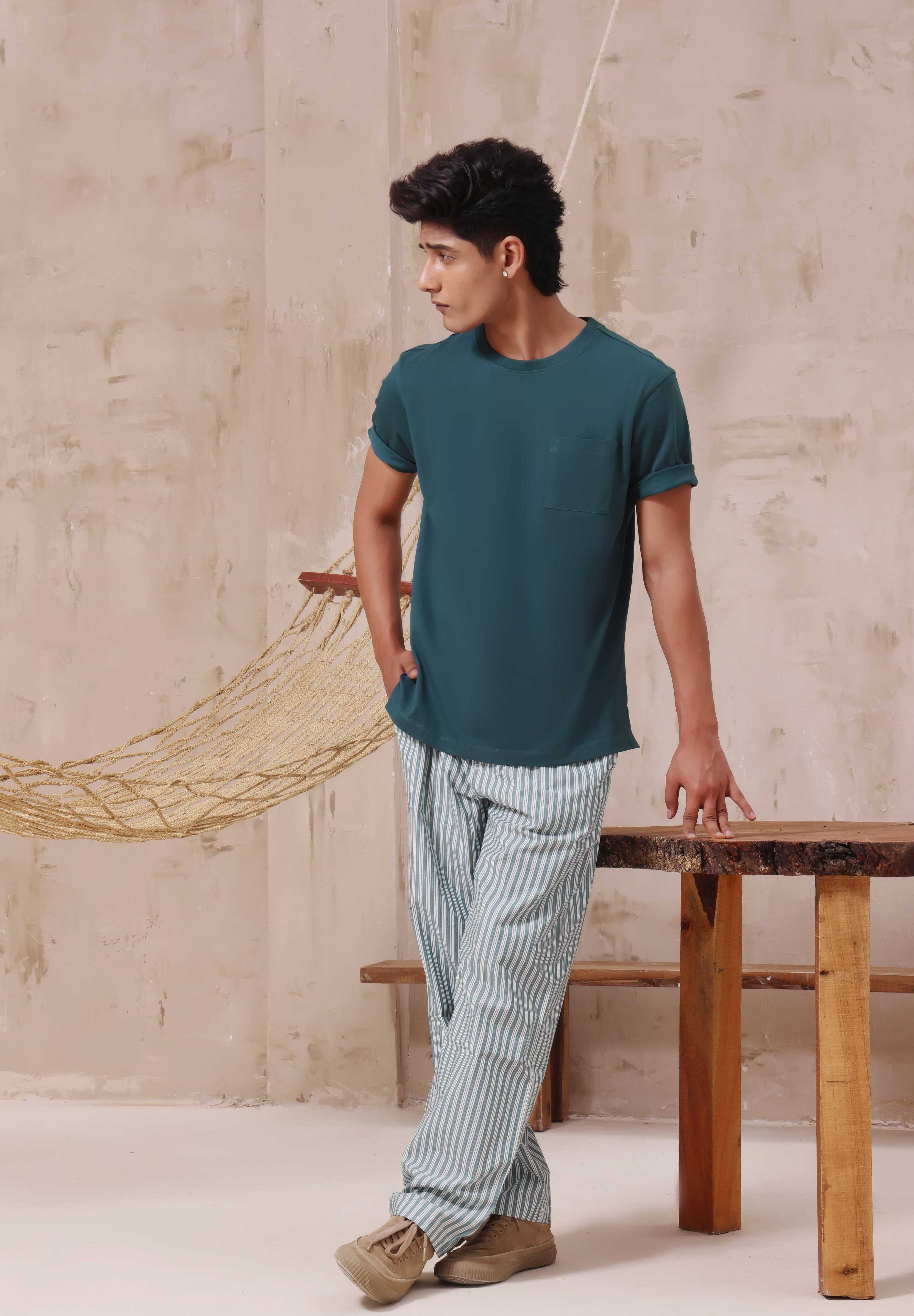 Enchanting Green Stripes | Knits T-Shirt with Poplin Pyjamas 100% Cotton - Snoozeoff