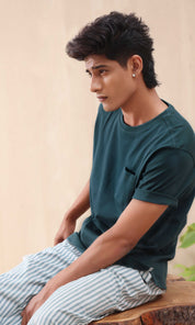 Enchanting Green Stripes | Knits T-Shirt with Poplin Pyjamas 100% Cotton - Snoozeoff