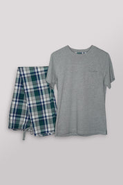 Rest Easy: Luxe Grey T-Shirt & Poplin Pajama Set for Men | 100% Cotton - Snoozeoff