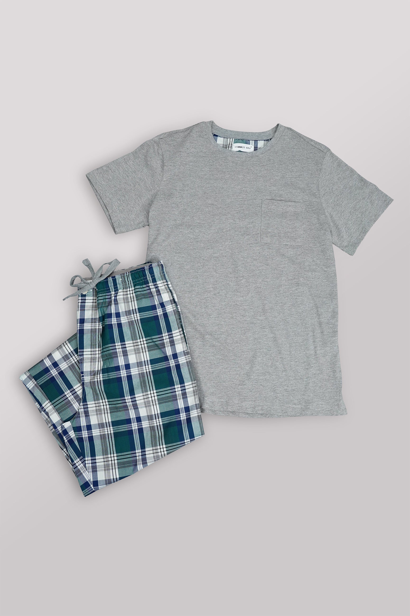 Rest Easy: Luxe Grey T-Shirt & Poplin Pajama Set for Men | 100% Cotton - Snoozeoff